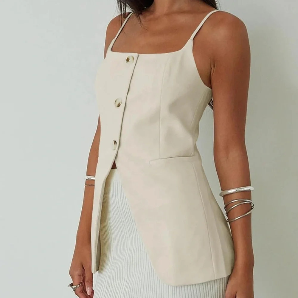 Womens Spaghetti Strap Tank Top Summer Blazer Vest Button Down - Picture 3 of 4